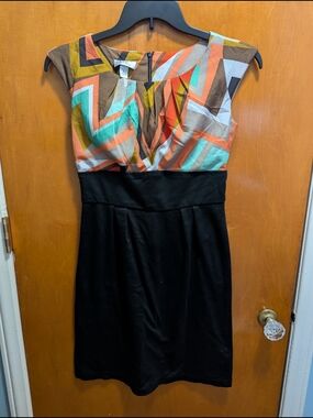 Alyx Geometric Multicolor Bodice Midi Dress with Black Skirt